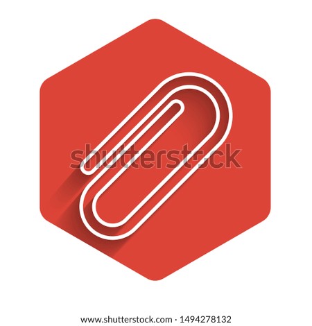 White line Paper clip icon isolated with long shadow. Red hexagon button. Vector Illustration