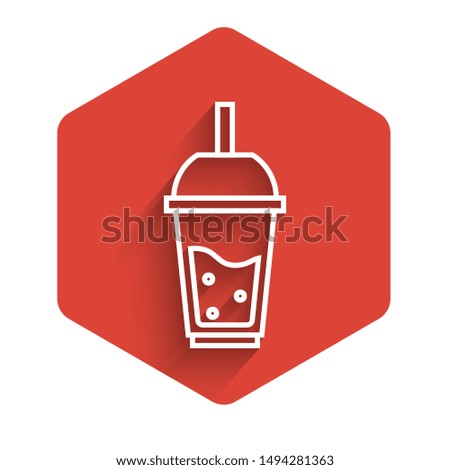 White line Glass of lemonade with drinking straw icon isolated with long shadow. Red hexagon button. Vector Illustration