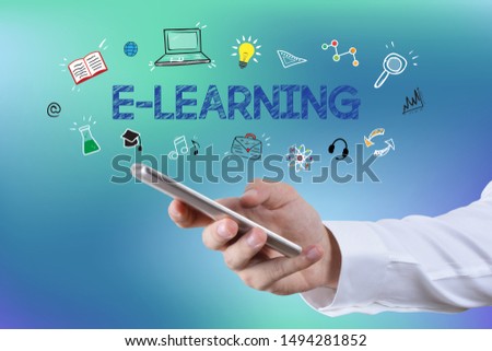 E-learning concept, a male hand using internet with smart phone and computer graphics
