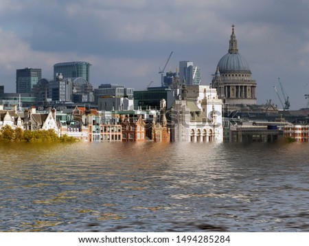 manipulated conceptual image of the city of london flooded due to global warming and rising sea levels