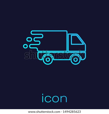 Turquoise line Delivery truck in movement icon isolated on blue background. Fast shipping delivery truck.  Vector Illustration