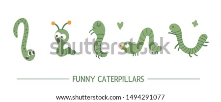 Set of vector hand drawn flat green caterpillars. Funny insects collection. Cute illustration with for children’s design, print, stationery