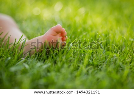 children's foot on the green grass close-up, space for text