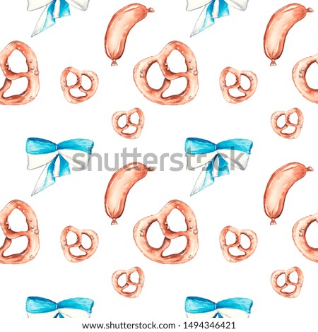 Watercolor illustration pattern of fresh crispy pretzel with salt. Hand drawn isolated on a white background.
