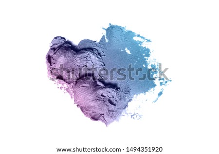 Smear and texture of lipstick or acrylic paint isolated on white background. Stroke of lipgloss or liquid nail polish swatch smudge sample. Element for beauty cosmetic design. Violet blue color