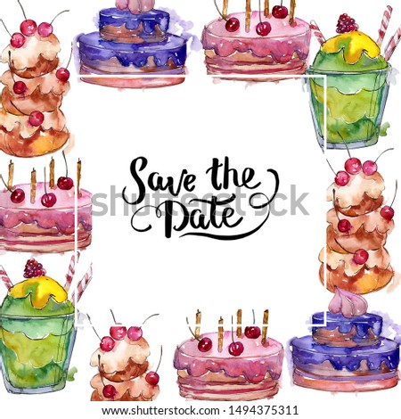 Tasty cake in a watercolor style food. Hand drawning fashion aquarelle isolated. Watercolour background illustration set. Frame border ornament square.