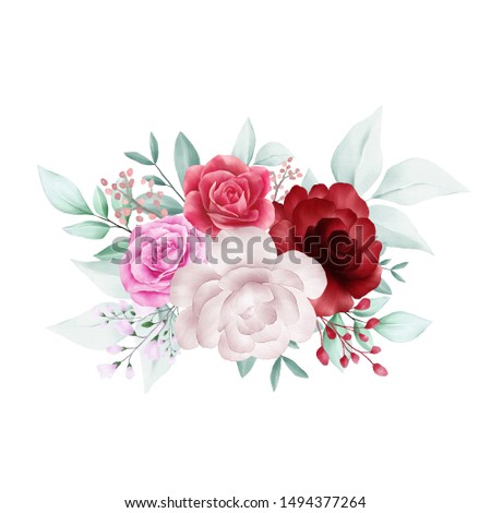 Watercolor flowers arrangements decorative. Floral bouquet illustration of red roses, peonies, leaf, bud, and branches. Wedding invitation or greeting cards border composition