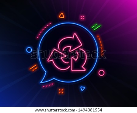 Recycle arrow line icon. Neon laser lights. Recycling waste symbol. Reduce and Reuse sign. Glow laser speech bubble. Neon lights chat bubble. Banner badge with recycle icon. Vector