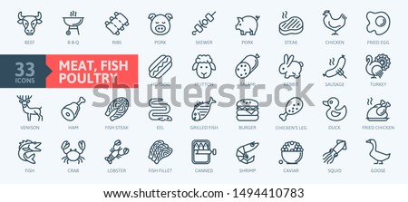 Meat, poultry, fish and eggs - minimal thin line web icon set. Outline icons collection. Simple vector illustration. Royalty-Free Stock Photo #1494410783