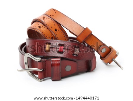 Brown Leather Belt isolated on white background stock photo