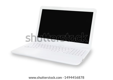 Close up laptop technology education modern slim design  with blank screen isolated on white background with clipping path. Laptop di cut with path simply use to create your any design, office concept