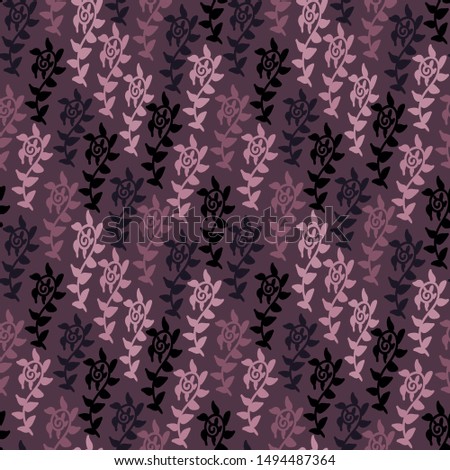 A seamless vector chevron purple pattern with sprouting plants. Surface print design.