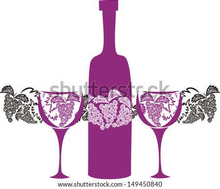 Wine bottle glasses grape vector illustration