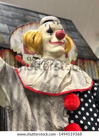 View of scary clown Halloween decoration on display