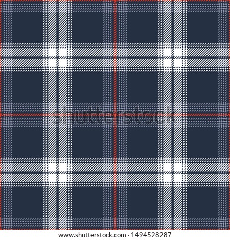 Tartan pattern background vector. Seamless multicolored check plaid in blue, red, white, and purple for flannel shirt or other modern textile design. Stitched effect.