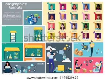  Young people with  Online shopping, Social Network Technology,Creativity modern Idea and Concept illustration Flat vector 
 Infographics template.