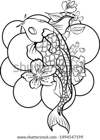 Koi carp vector isolate for tattoo style.Japanese carp drawing.Hand drawn line art of fish.Idea for tattoo and coloring book.Japanese culture symbols tradition.beautiful hand drawn swimming Koi fish.