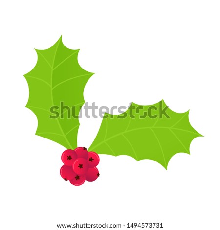 Winter and holiday symbol - holly berries icon sign. Green leaves and red berries cartoon flat style gradient design vector illustration isolated on white background