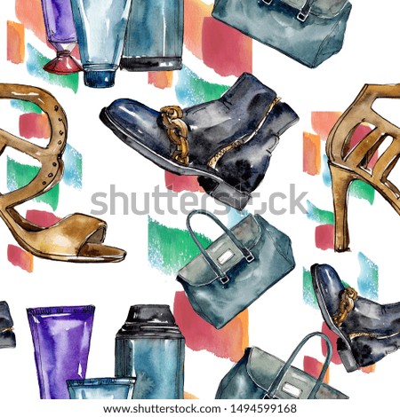 Fashionable sketch glamour illustration in a watercolor style aquarelle element. Clothes accessories set trendy outfit. Watercolour set seamless background pattern. Fabric wallpaper print texture.