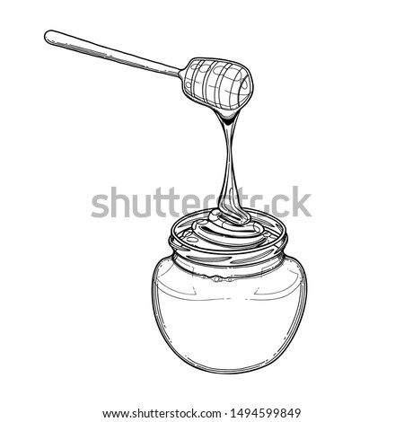 Graphic honey flowing from the drippers to the bottles. Isolated vector design