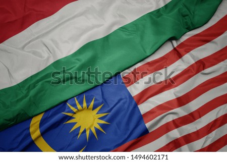 waving colorful flag of malaysia and national flag of hungary. macro