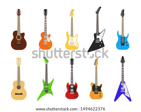 Flat guitars. Acoustic and electric guitar musical instruments for entertainment. Vector isolated electrica vintage design guitare set