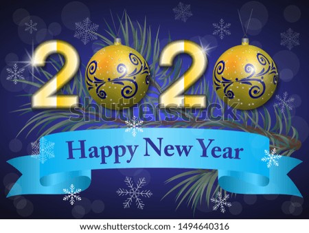 vector illustration of 2020 on a fabulous winter background with glitter snowflakes, pine and spruce branches and in place of numbers are Christmas balls