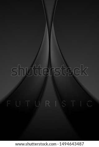 Futuristic abstract technology flyer design with black glossy curved waves. Vector background
