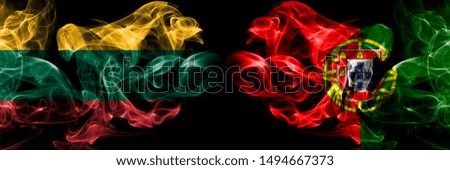 Lithuania, Portugal, flip competition thick colorful smoky flags. European football qualifications games