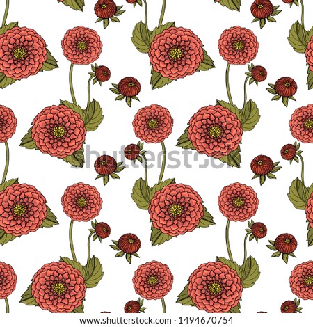 Seamless pattern with dahlia flowers, nature floral background, stock illustration.
