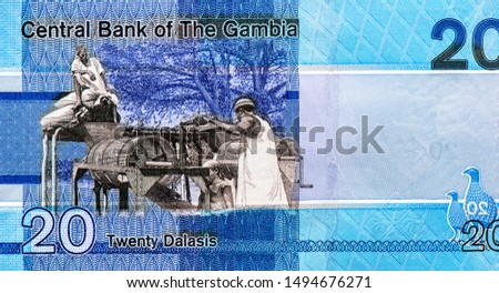 Three men operating machine. Portrait from Gambia 20 Dalasis 2019 Banknotes. 