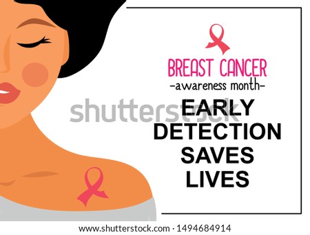 Early detection saves lives.Woman portrait with pink ribbon - symbol of breast cancer. Vector concept. 
