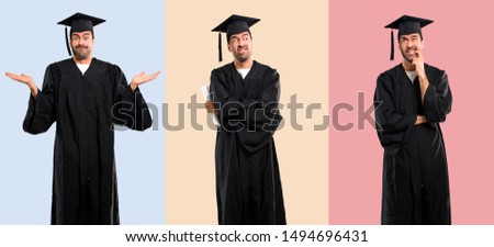 Set of Man on his graduation day University having doubts and with confuse face expression. Questioning an idea on colorful background