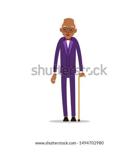 Attractive african old man. Older black senior retired. Cute grandfather standing and smiling. Traditional retirement lifestyle. Cartoon illustration isolated on white background in flat style.
