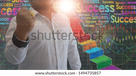 businessman and chalk board in Strategy concept , man and success black board design with Warm light in  Business idea.