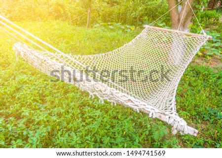 hammock tied to a tree in a summer or spring morning garden with sunlight