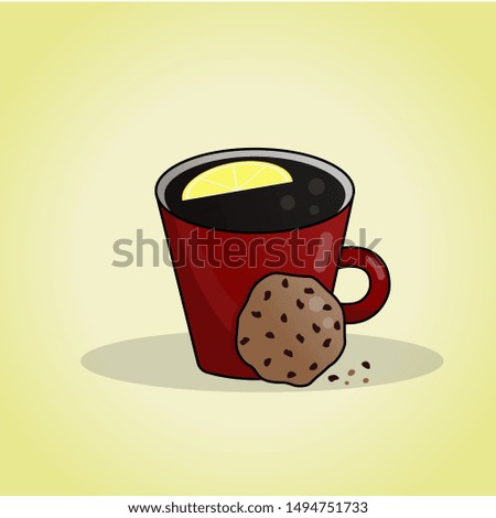 Red cup with tea with lemon on light yellow background. Cookie with chocolate drops.