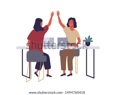 Employees in coworking open office flat vector illustration. Women giving high five at workplace cartoon characters. Corporate workers using laptops. Happy smiling female coworkers isolated clipart. Royalty-Free Stock Photo #1494760418