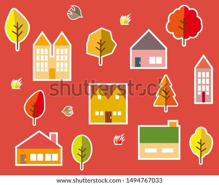 Autumn town. Autumn tree. 
Cute bird. House illustration .