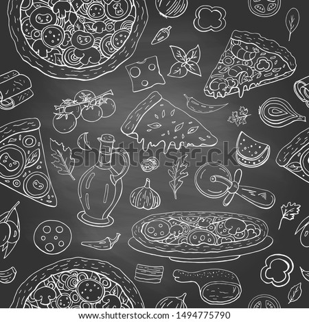 Seamless pattern with different italian food - pizza, olive oil and vegetables on black shalkboard. Hand drawn vintage italian food collection for cafe and restaurants menu on black background. 
