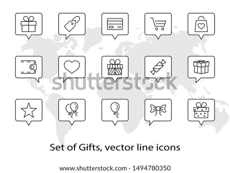 Set of Gifts, vector line icons. Contains symbols gift cards, ribbons and more. Editable Stroke. 32x32 pixel.