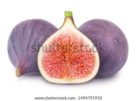 Composition with whole and halved fig fruits isolated on white background. As design element.