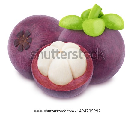 Composition with whole and halved mangosteen fruits isolated on white background. As design element.