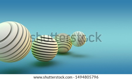 3D rendering of abstract, geometric shapes in the new year style on a blue background. Image of spheres from disks of different sizes. The scope stripe. Illustration of an abstract festive songs.