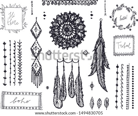 Vector  decor set, collection of hand drawn doodle boho style dividers, borders, arrows, design elements, dream catchers. Isolated. May be used for wedding invitations, birthday cards, banners