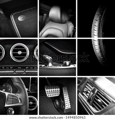 Nine pictures, square collage of car interior and exterior details, detailing concept background