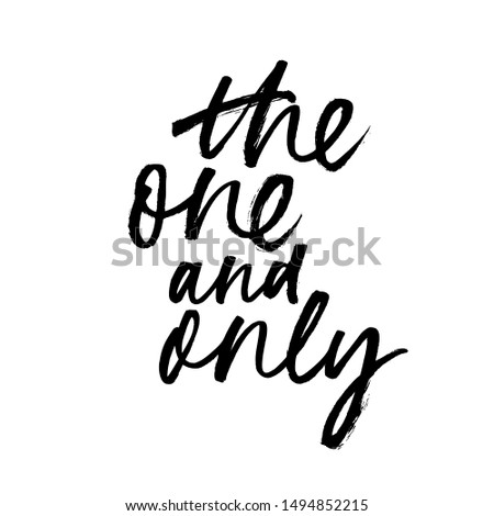 The one and only ink brush vector calligraphy. Romantic phrase handwritten vector lettering. Valentine postcard, greeting card decorative inscription. Motivational quote, happy lifestyle slogan.