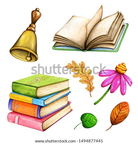School time objects isolated on white background. Watercolor artistic education and literature items. Old and vintage books with floral elements.