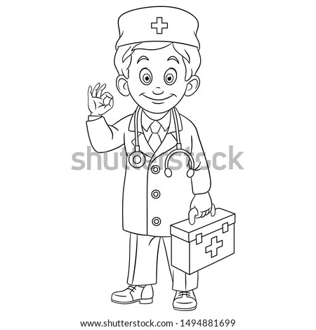 Colouring page. Cute cartoon doctor, young doc with first aid kit showing okay hand sign. Childish design for kids coloring book about people professions.