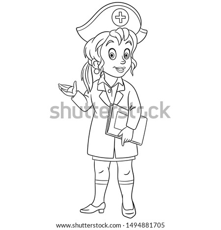 Colouring page. Cute cartoon nurse, young female doctor. Childish design for kids coloring book about people professions.